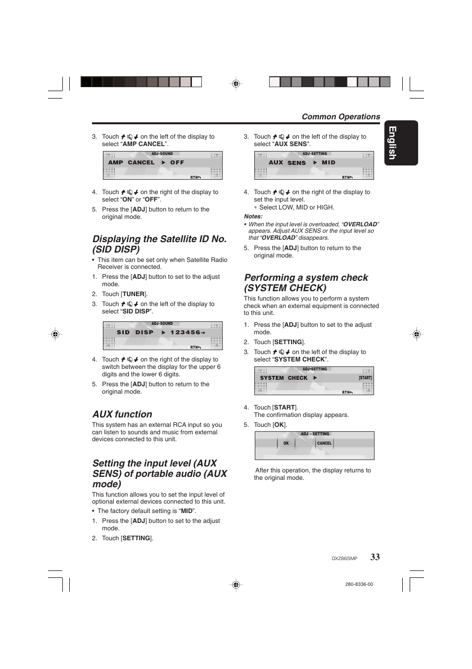 English, Displaying the satellite id no. (sid disp), Aux function | Performing a system check (system check), Common operations | Clarion DXZ865MP User Manual | Page 33 / 46