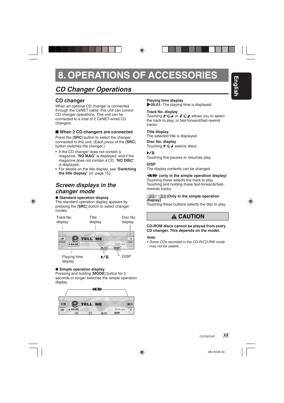 Operations of accessories, Cd changer operations, 35 english | Screen displays in the changer mode, Caution, Cd changer | Clarion DXZ865MP User Manual | Page 35 / 46