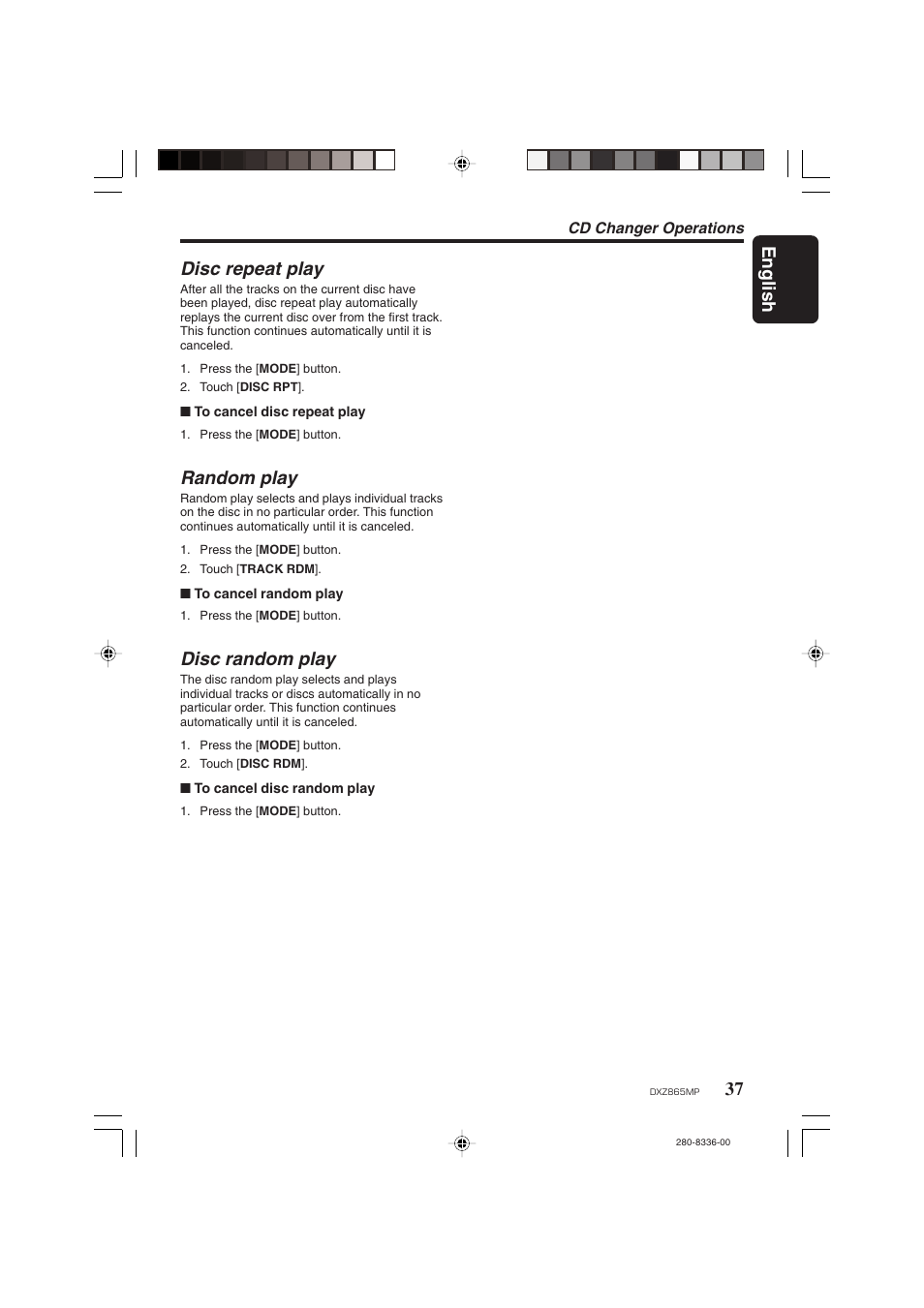 37 english, Disc repeat play, Random play | Disc random play | Clarion DXZ865MP User Manual | Page 37 / 46