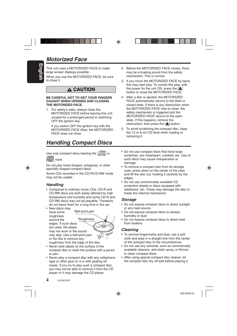 Motorized face, Handling compact discs, English | Caution | Clarion DXZ865MP User Manual | Page 4 / 46