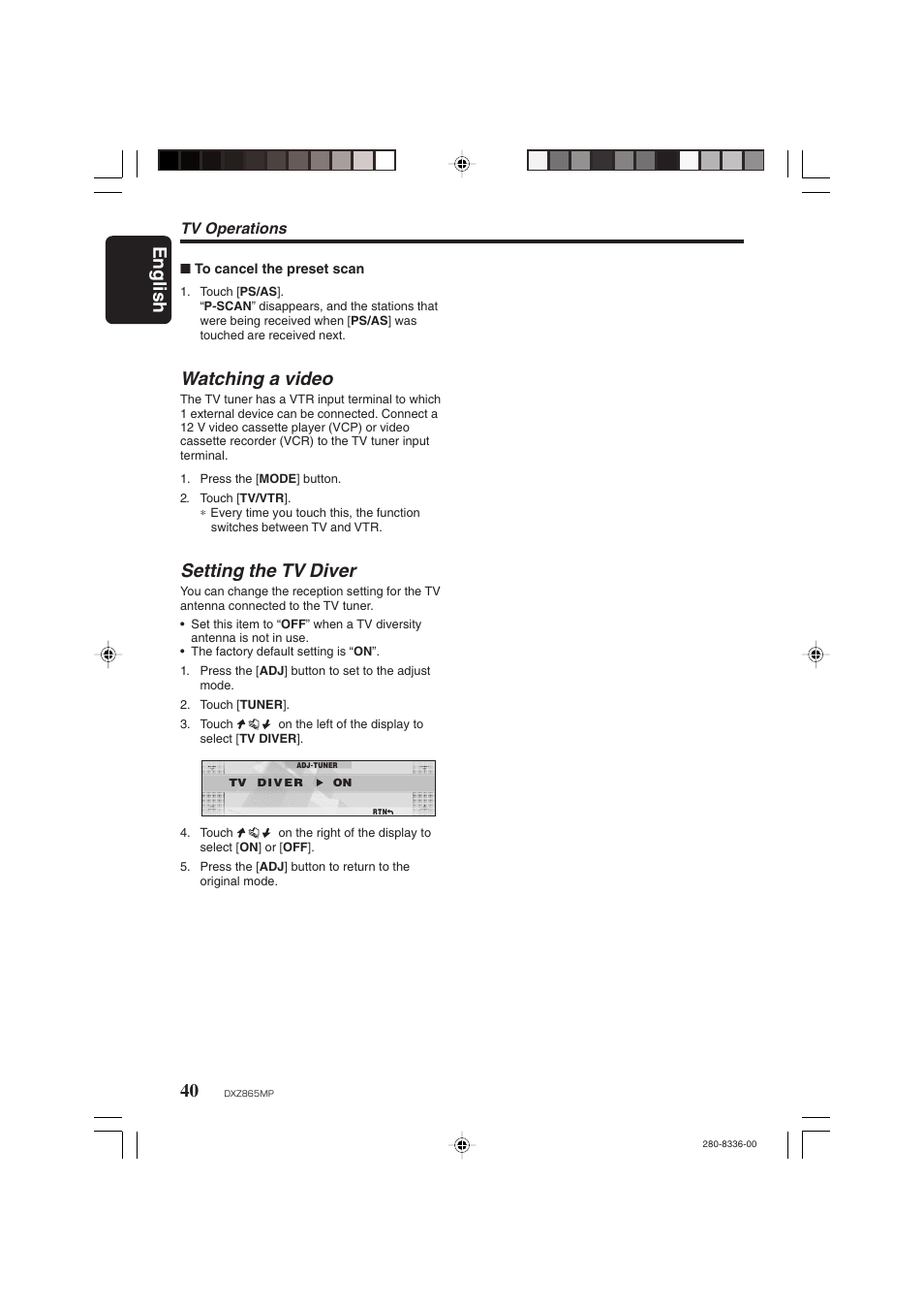 English, Watching a video, Setting the tv diver | Tv operations | Clarion DXZ865MP User Manual | Page 40 / 46