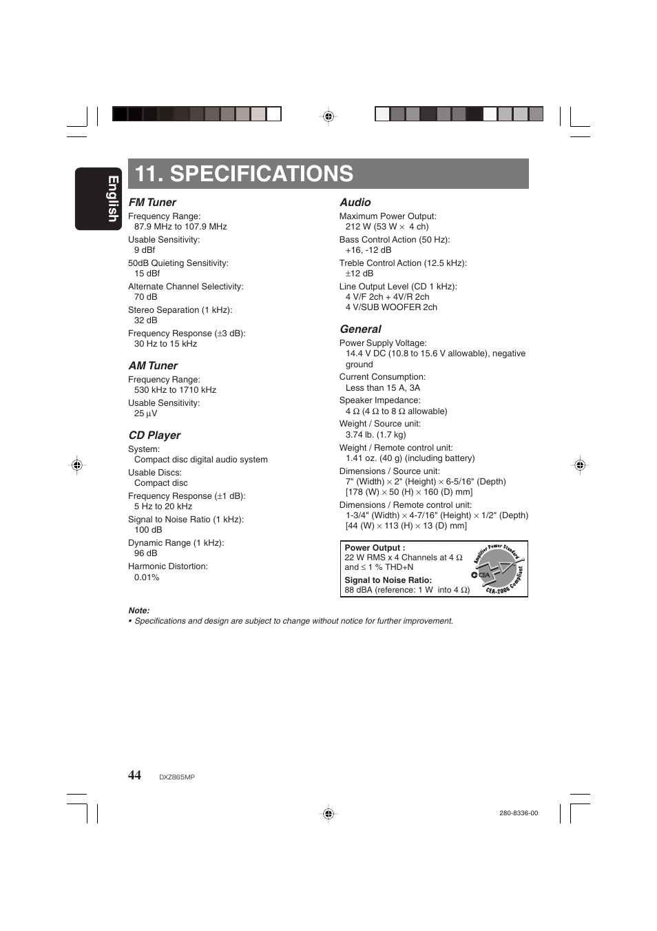 Specifications, English 44 | Clarion DXZ865MP User Manual | Page 44 / 46