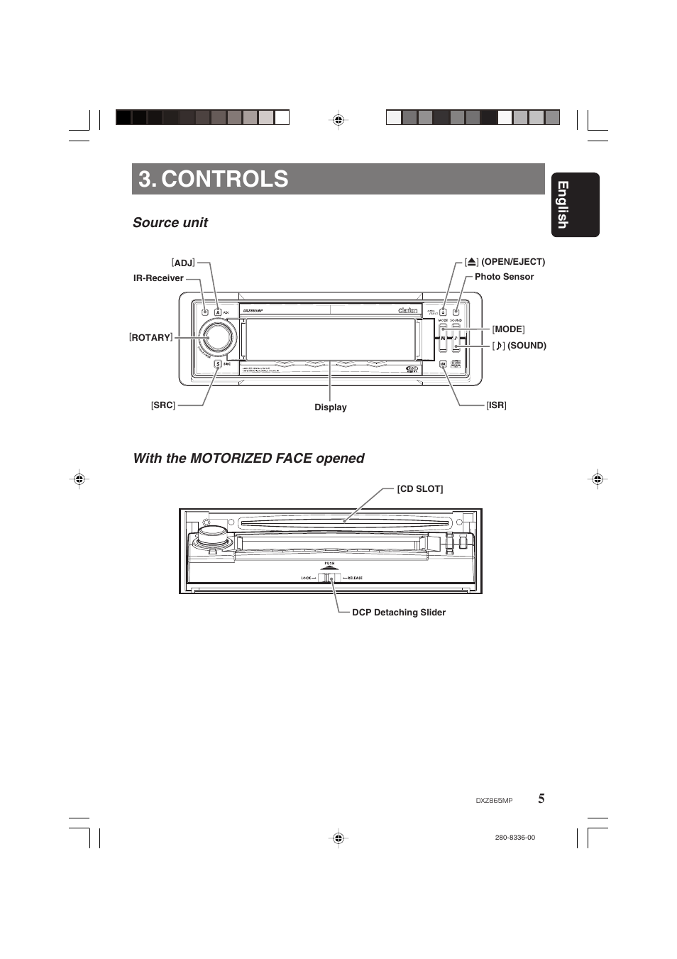 Controls, English, Source unit with the motorized face opened | Clarion DXZ865MP User Manual | Page 5 / 46