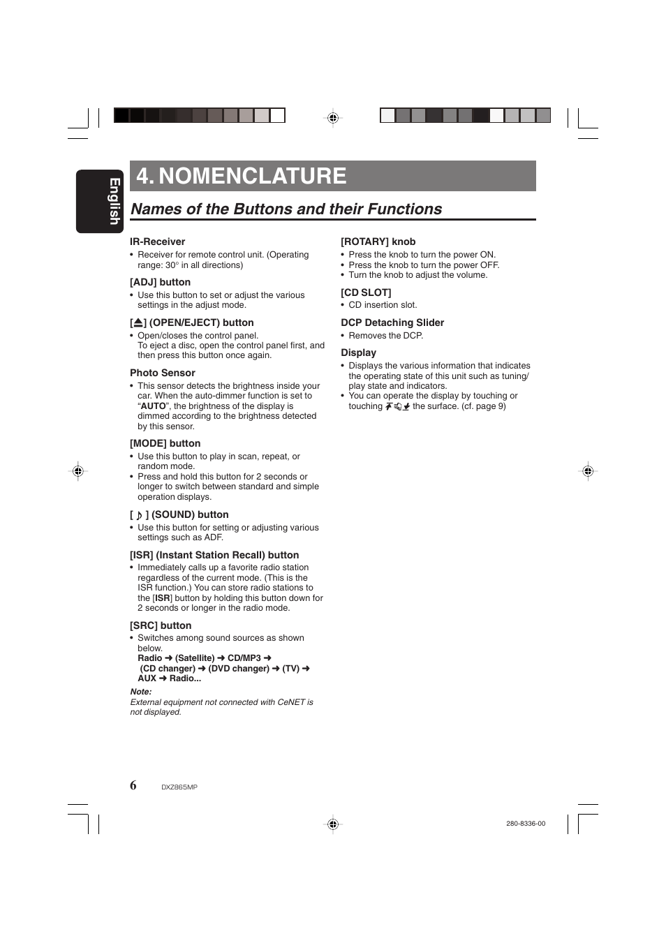 Nomenclature, Names of the buttons and their functions, English | Clarion DXZ865MP User Manual | Page 6 / 46