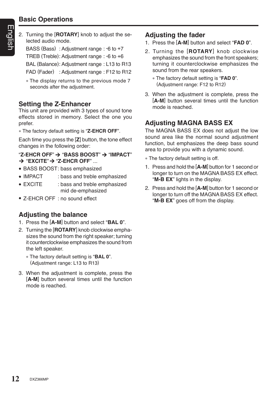 12 english, Basic operations setting the z-enhancer, Adjusting the balance | Adjusting the fader, Adjusting magna bass ex | Clarion DXZ366MP User Manual | Page 12 / 29