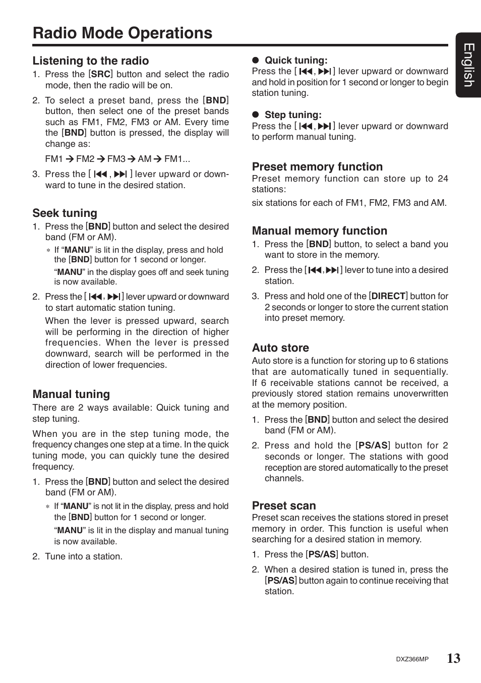 Radio mode operations, 13 english, Listening to the radio | Seek tuning, Manual tuning, Auto store, Preset scan | Clarion DXZ366MP User Manual | Page 13 / 29