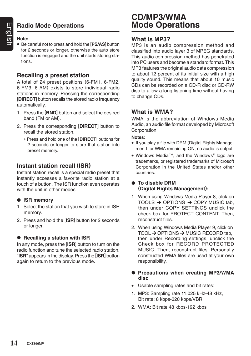 Cd/mp3/wma mode operations, 14 english, Radio mode operations | Recalling a preset station, Instant station recall (isr), What is mp3, What is wma | Clarion DXZ366MP User Manual | Page 14 / 29