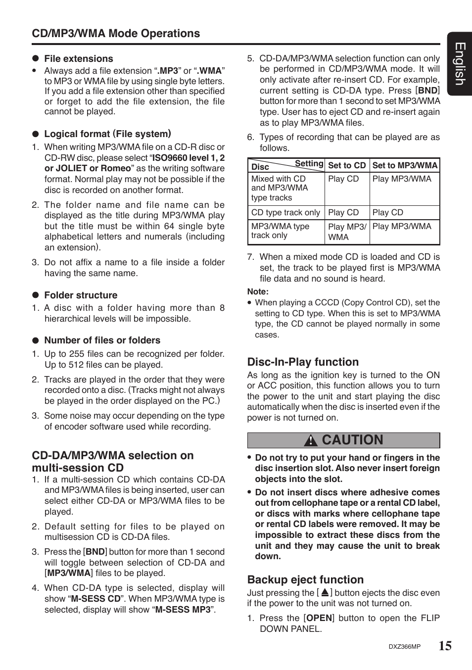 15 english, Caution, Cd/mp3/wma mode operations | Cd-da/mp3/wma selection on multi-session cd, Disc-in-play function, Backup eject function | Clarion DXZ366MP User Manual | Page 15 / 29