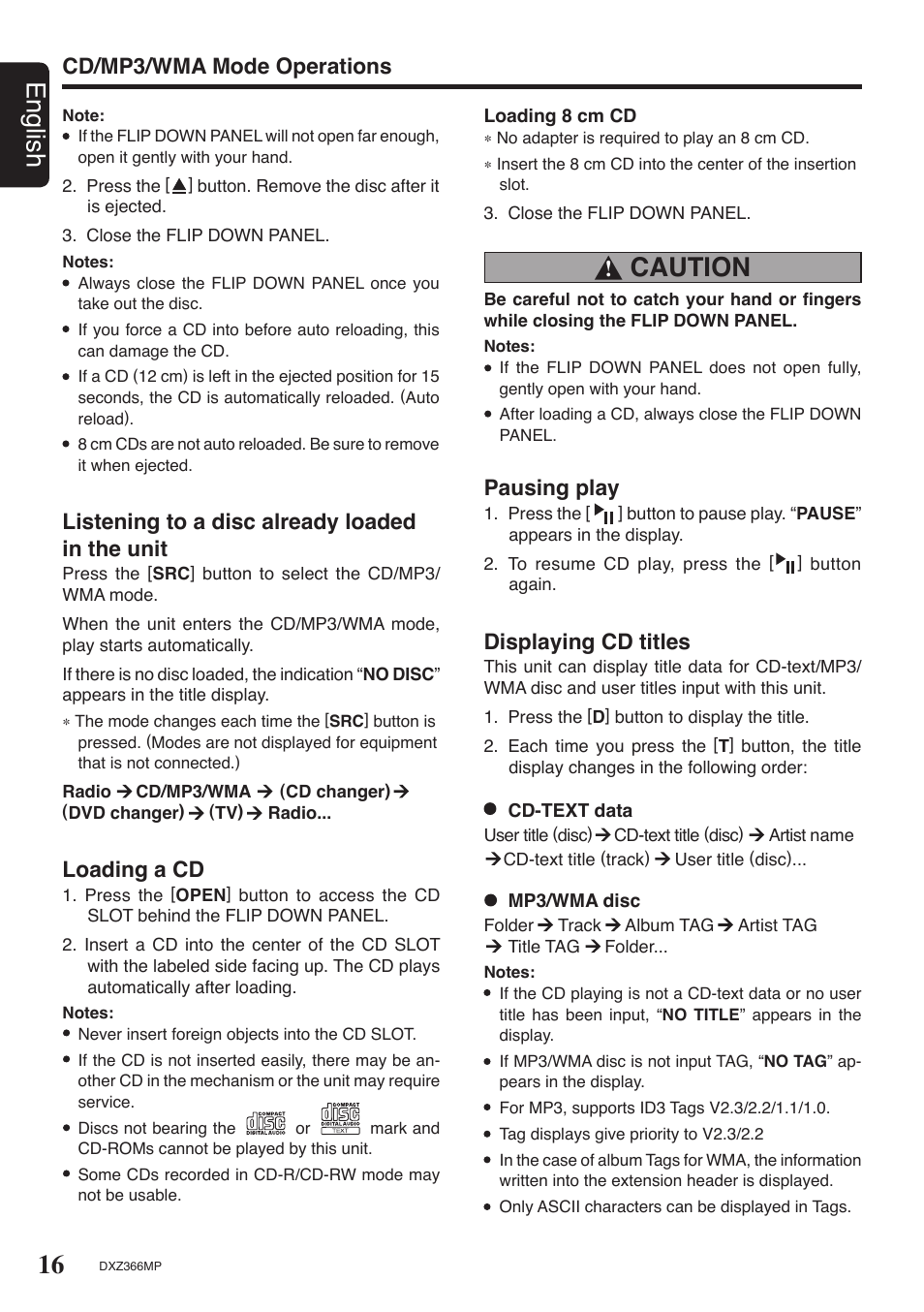 16 english, Caution, Loading a cd | Pausing play, Displaying cd titles | Clarion DXZ366MP User Manual | Page 16 / 29