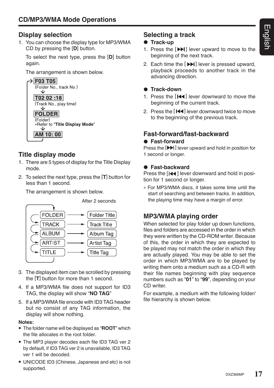 17 english, Display selection, Cd/mp3/wma mode operations title display mode | Selecting a track, Fast-forward/fast-backward, Mp3/wma playing order | Clarion DXZ366MP User Manual | Page 17 / 29