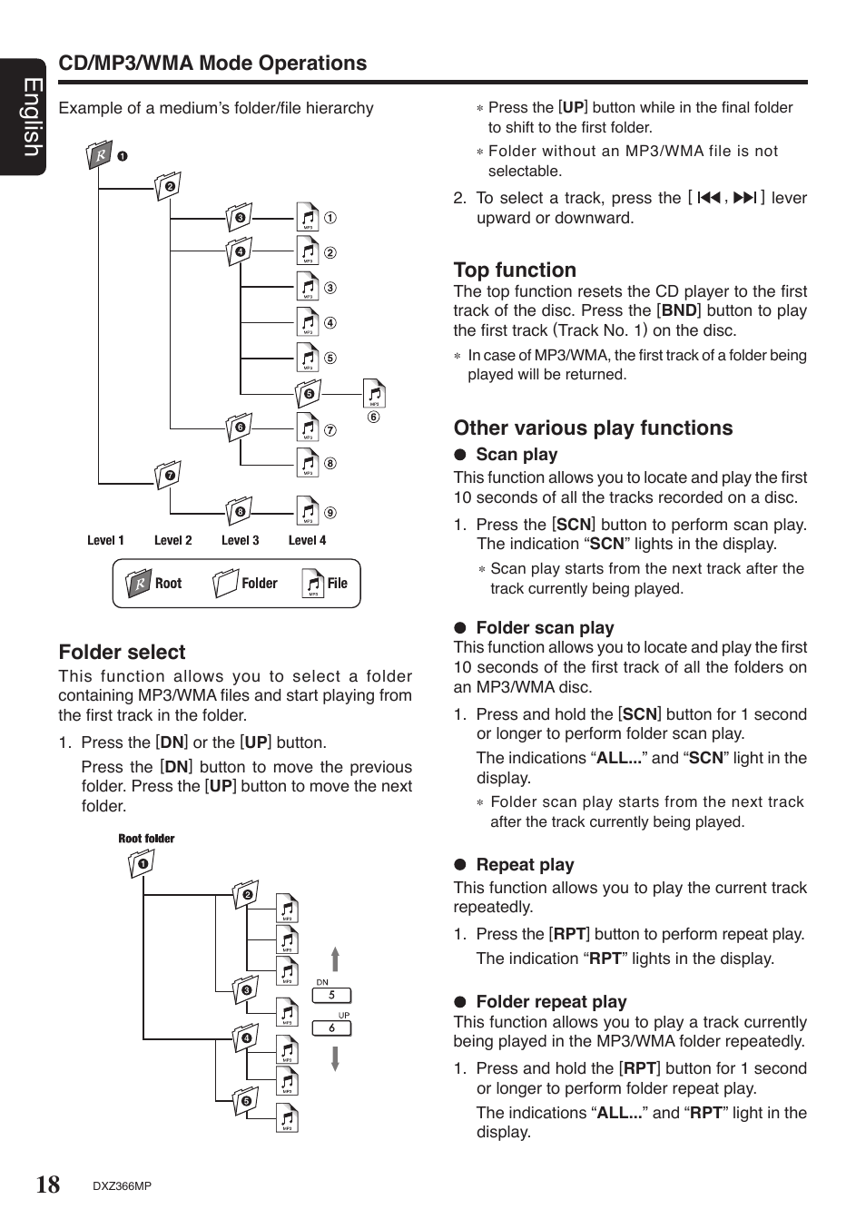 18 english, Cd/mp3/wma mode operations folder select, Top function | Other various play functions | Clarion DXZ366MP User Manual | Page 18 / 29