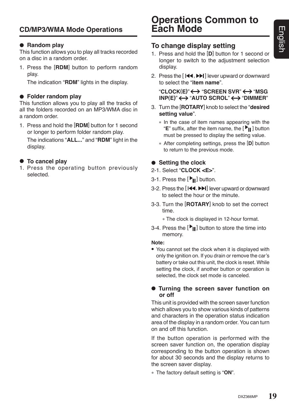 Operations common to each mode, 19 english, Cd/mp3/wma mode operations | Clarion DXZ366MP User Manual | Page 19 / 29