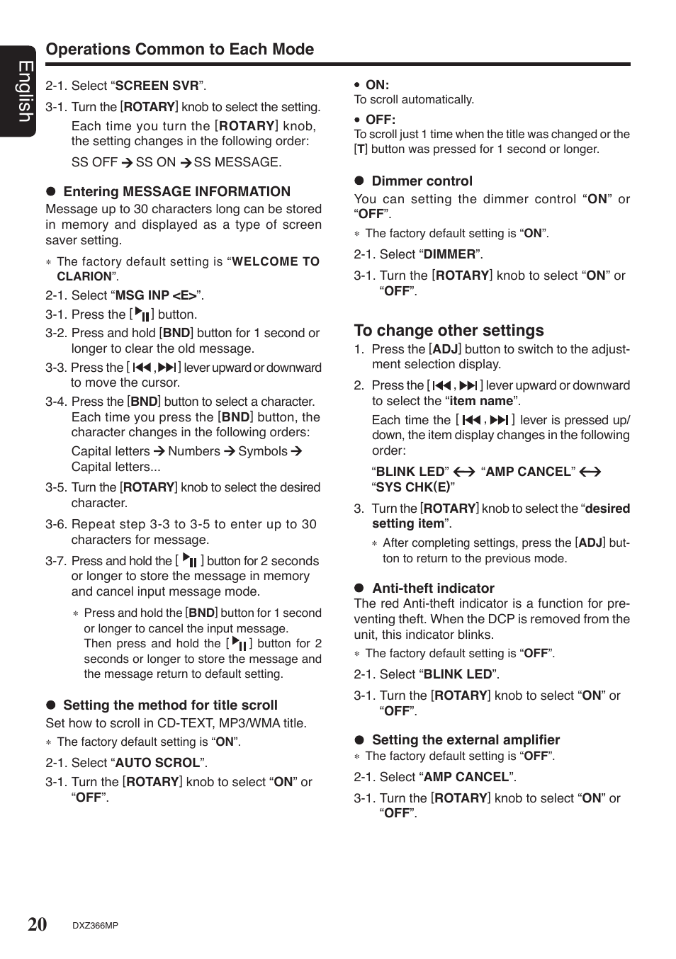 20 english, Operations common to each mode | Clarion DXZ366MP User Manual | Page 20 / 29