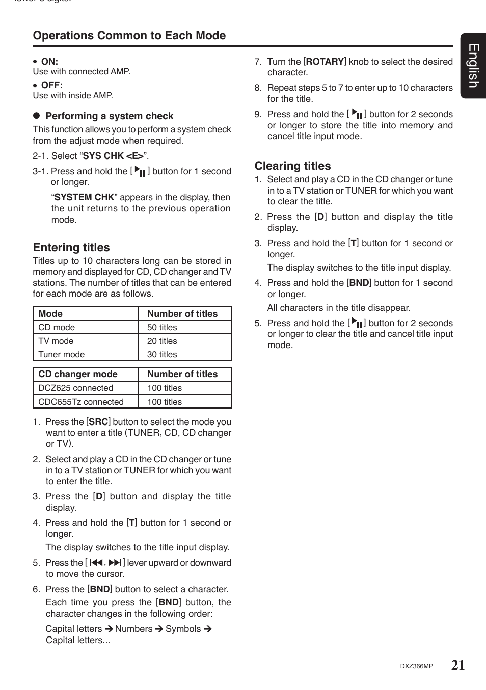 21 english, Operations common to each mode clearing titles, Entering titles | Clarion DXZ366MP User Manual | Page 21 / 29