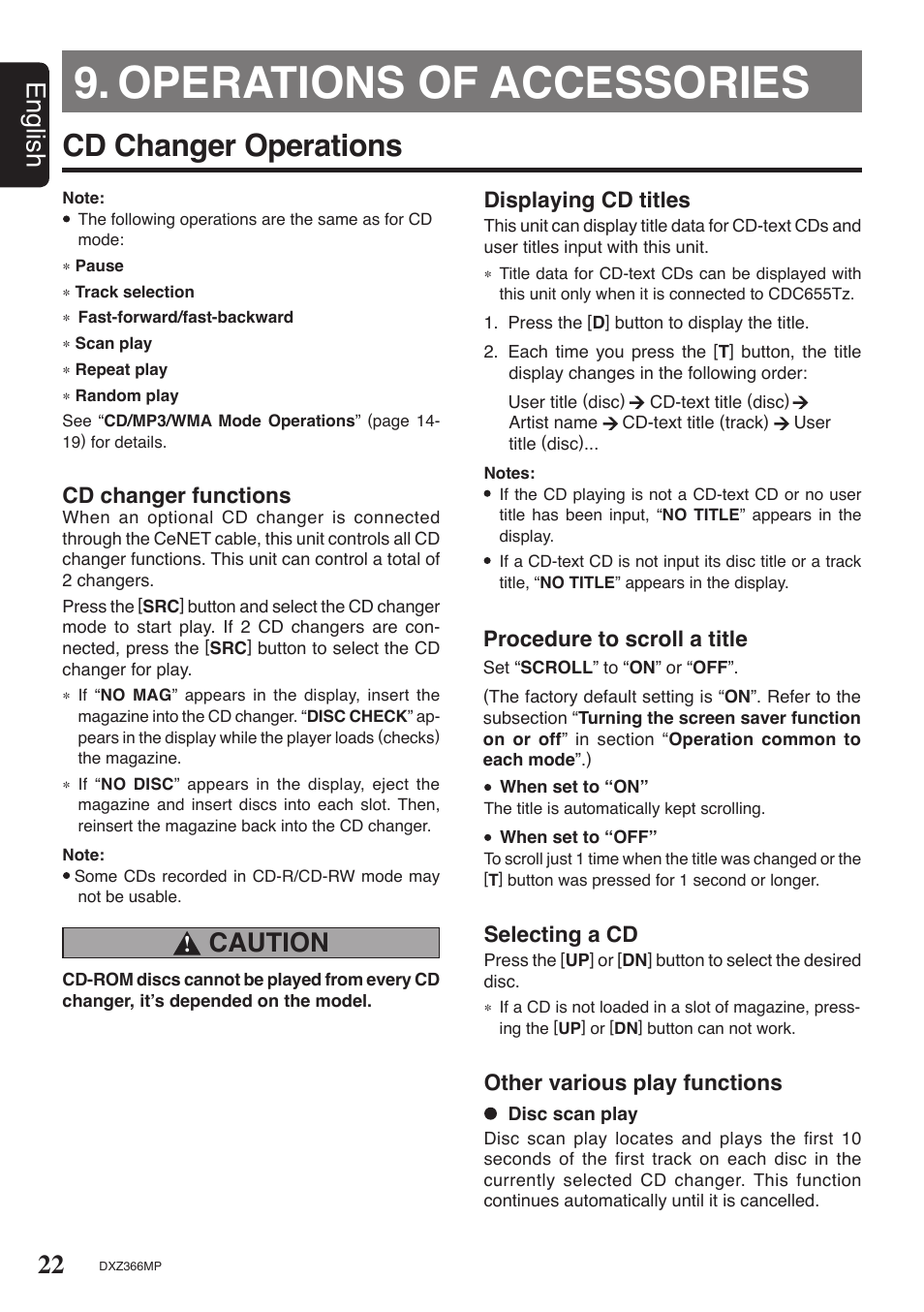Operations of accessories, Cd changer operations, 22 english | Caution, Cd changer functions, Displaying cd titles, Procedure to scroll a title, Selecting a cd, Other various play functions | Clarion DXZ366MP User Manual | Page 22 / 29