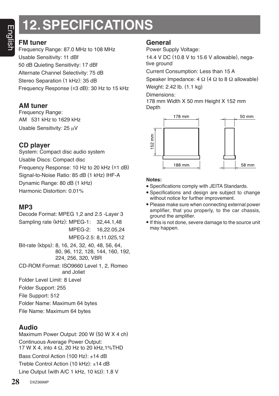 Specifications, 28 english | Clarion DXZ366MP User Manual | Page 28 / 29