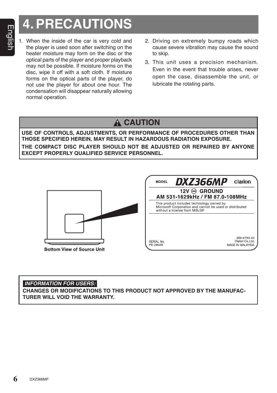 Precautions, 6english, Caution | Clarion DXZ366MP User Manual | Page 6 / 29