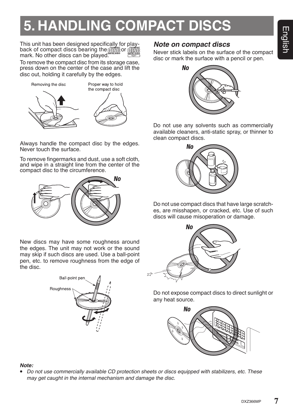 Handling compact discs, 7english | Clarion DXZ366MP User Manual | Page 7 / 29