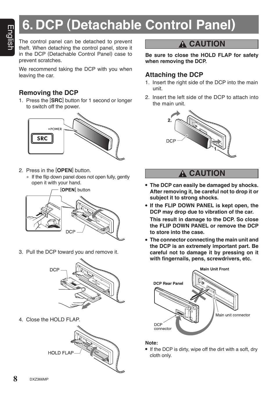 Dcp (detachable control panel), 8english, Caution | Clarion DXZ366MP User Manual | Page 8 / 29