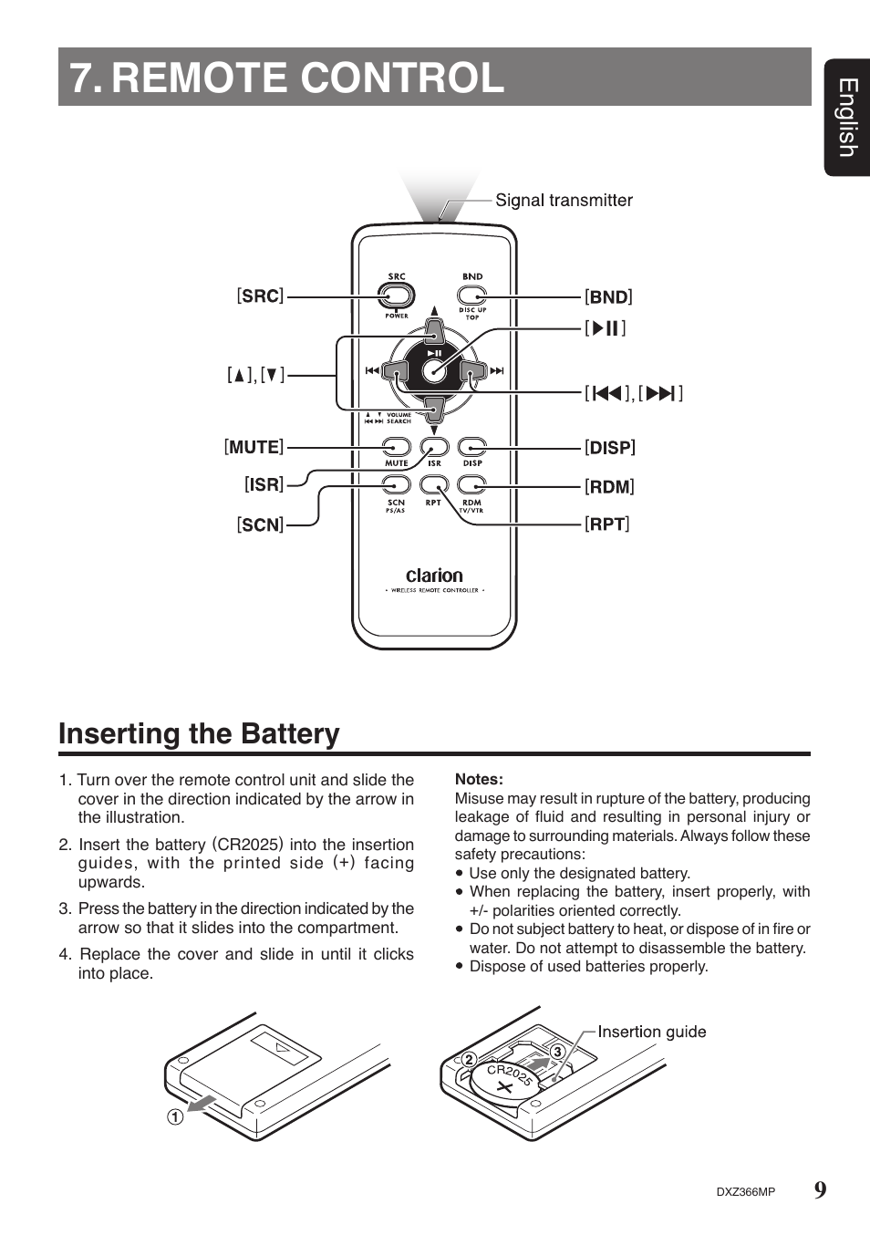 Remote control, Inserting the battery, 9english | Clarion DXZ366MP User Manual | Page 9 / 29