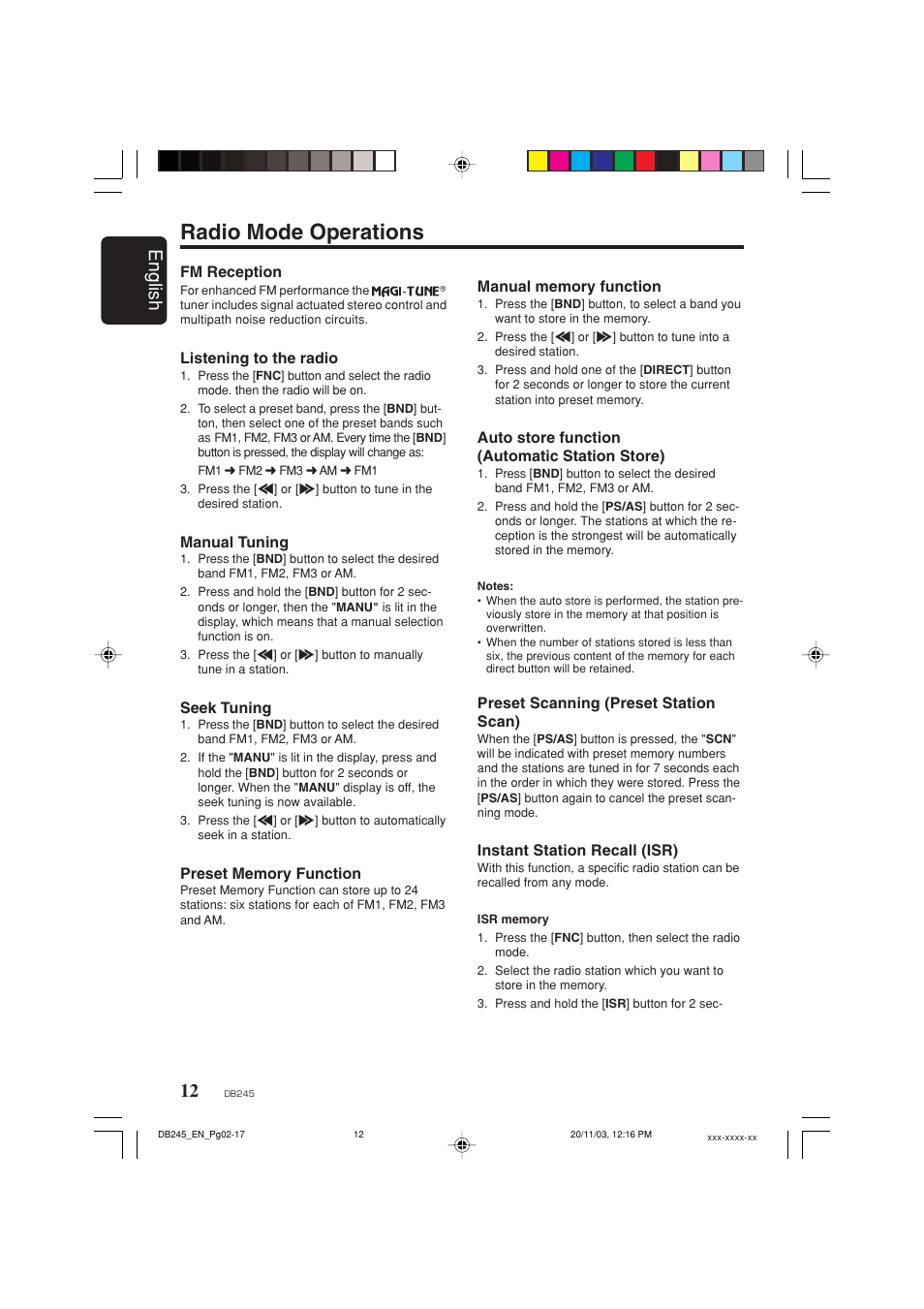 Radio mode operations, English | Clarion DB245 User Manual | Page 11 / 16