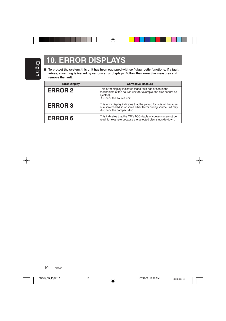 Error displays, Error 2, Error 3 error 6 | English | Clarion DB245 User Manual | Page 15 / 16
