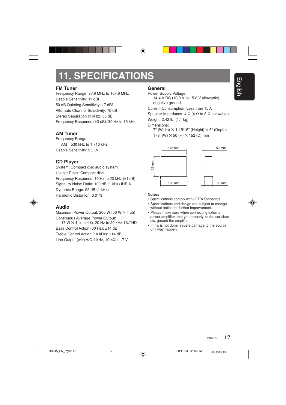 Specifications, 17 english, Fm tuner | Am tuner, Cd player, Audio, General | Clarion DB245 User Manual | Page 16 / 16