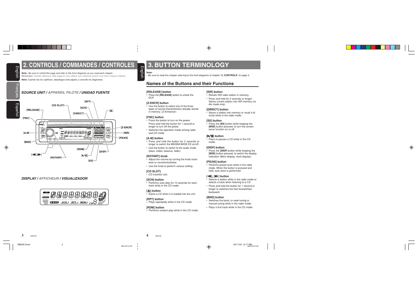 Controls, Button terminology, Names of the buttons and their functions | Controls / commandes / controles, Français english english español | Clarion DB245 User Manual | Page 3 / 16