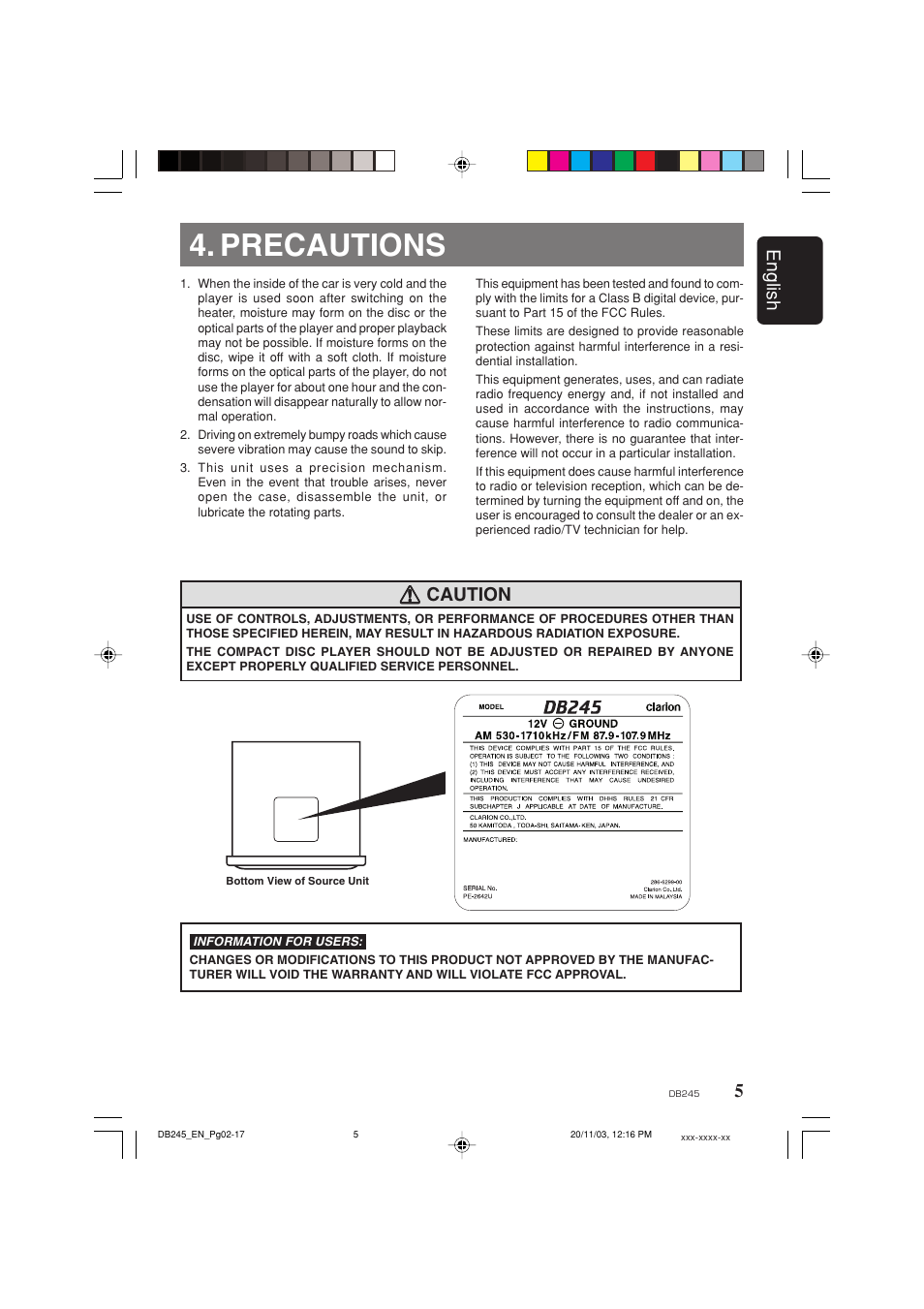 Precautions, 5english, Caution | Clarion DB245 User Manual | Page 4 / 16