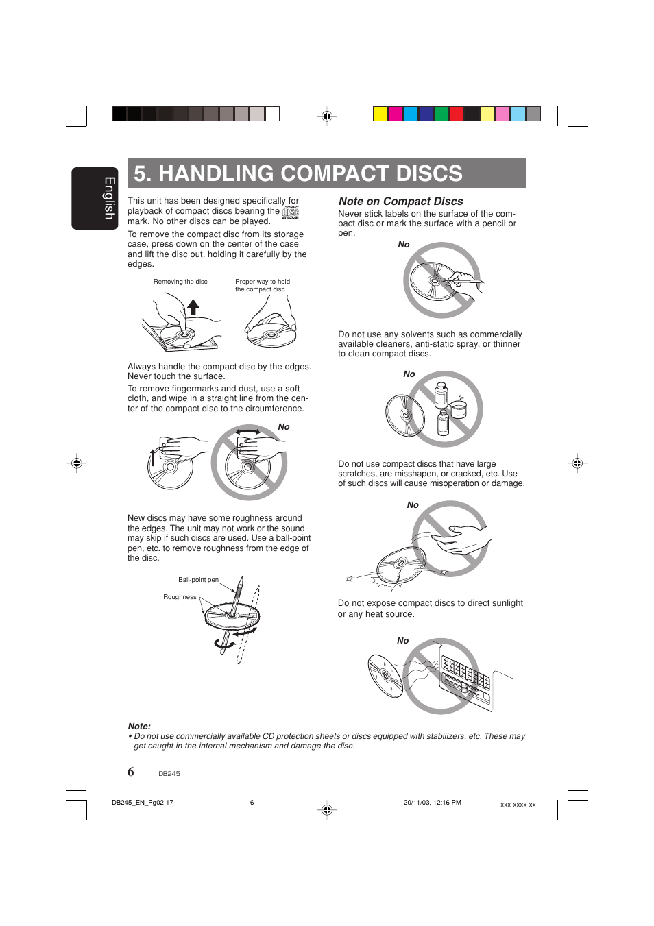 Handling compact discs, English | Clarion DB245 User Manual | Page 5 / 16