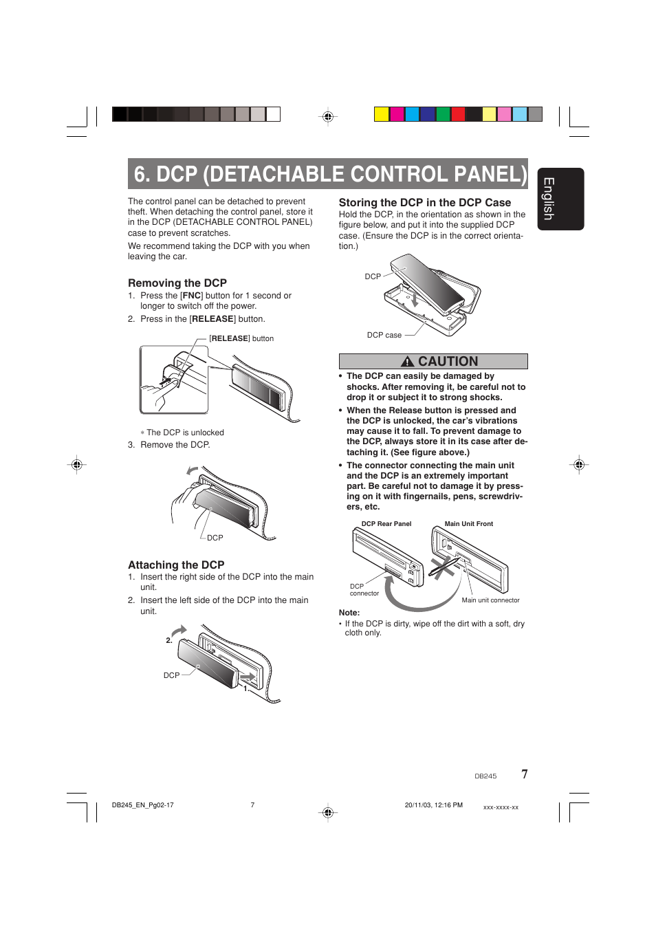 Dcp (detachable control panel), 7english, Caution | Removing the dcp, Attaching the dcp, Storing the dcp in the dcp case | Clarion DB245 User Manual | Page 6 / 16