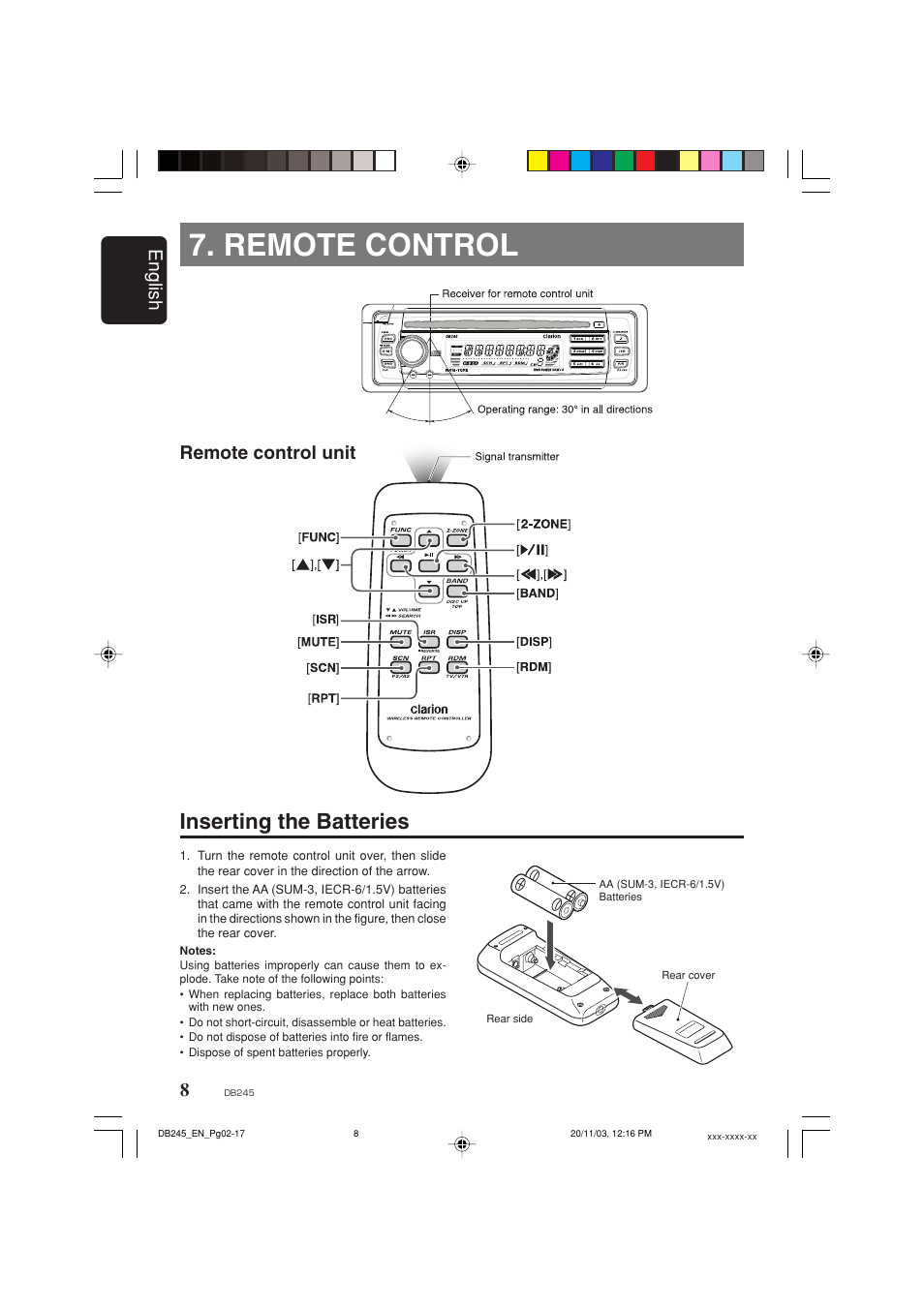 Remote control, Inserting the batteries, English remote control unit | Clarion DB245 User Manual | Page 7 / 16