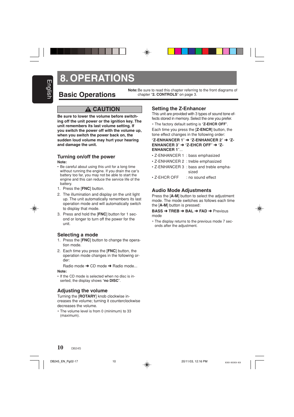 Operations, Basic operations, English | Caution | Clarion DB245 User Manual | Page 9 / 16