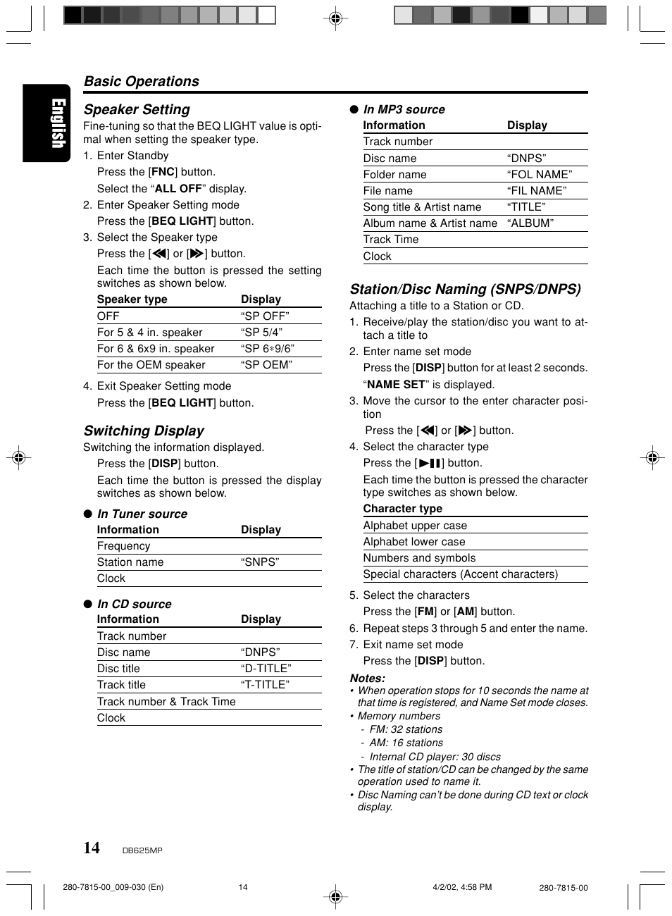 Speaker setting, Switching display, Basic operations | Station/disc naming (snps/dnps) | Clarion DB625MP User Manual | Page 10 / 80
