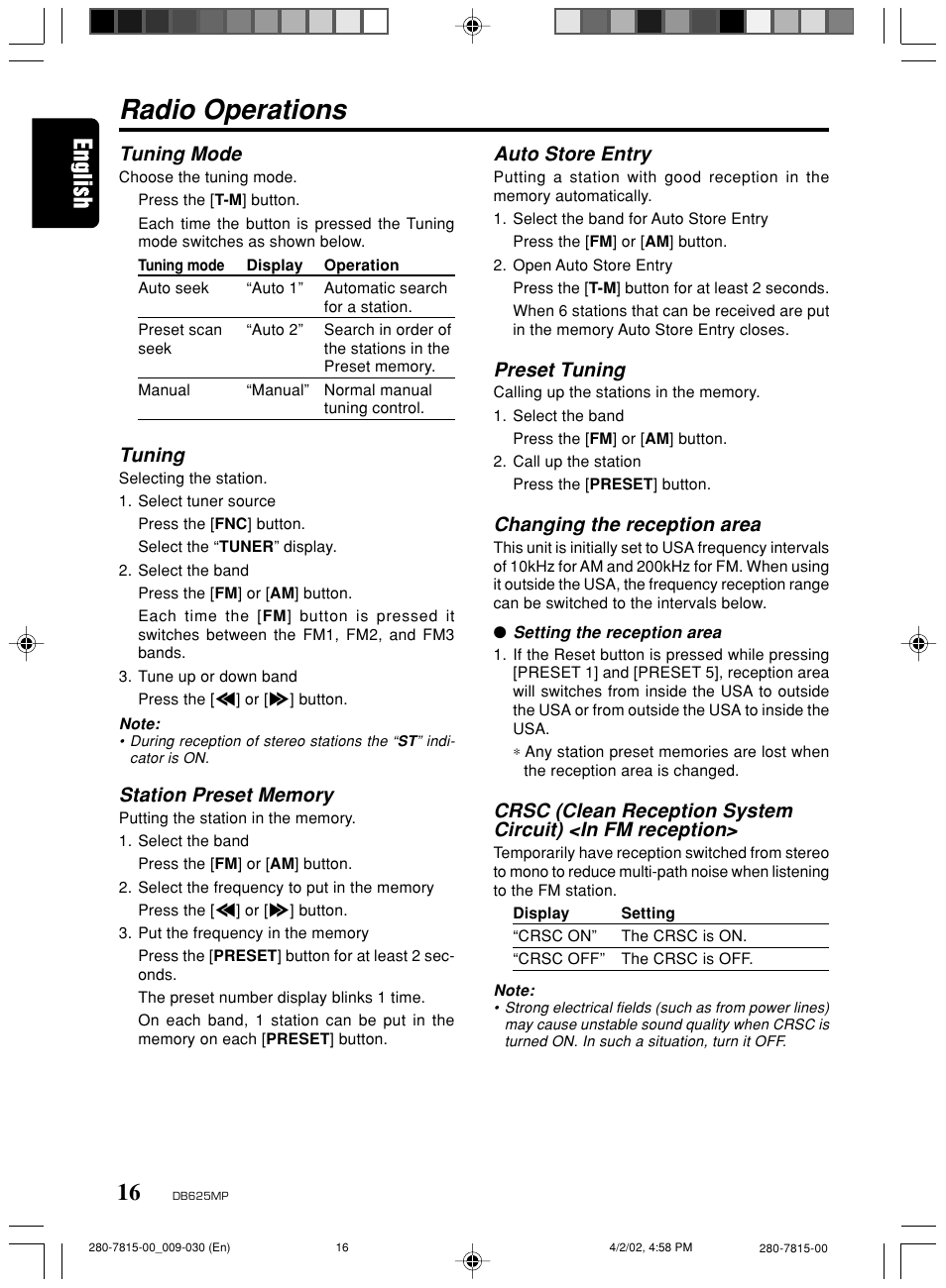 Radio operations, Tuning mode, Tuning | Auto store entry, Preset tuning, Changing the reception area | Clarion DB625MP User Manual | Page 12 / 80