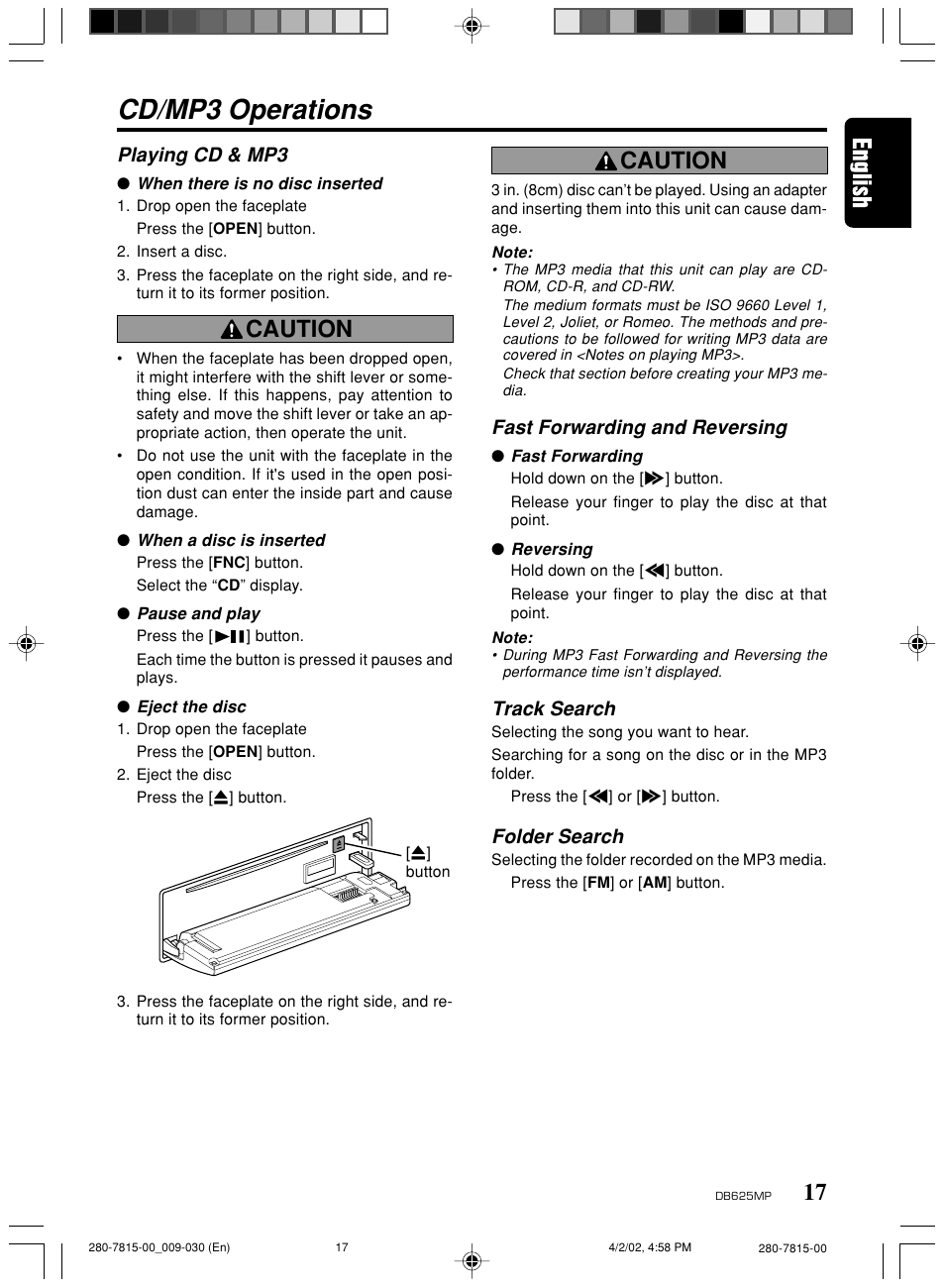 Cd/mp3 operations, Caution, Playing cd & mp3 | Fast forwarding and reversing, Track search, Folder search | Clarion DB625MP User Manual | Page 13 / 80