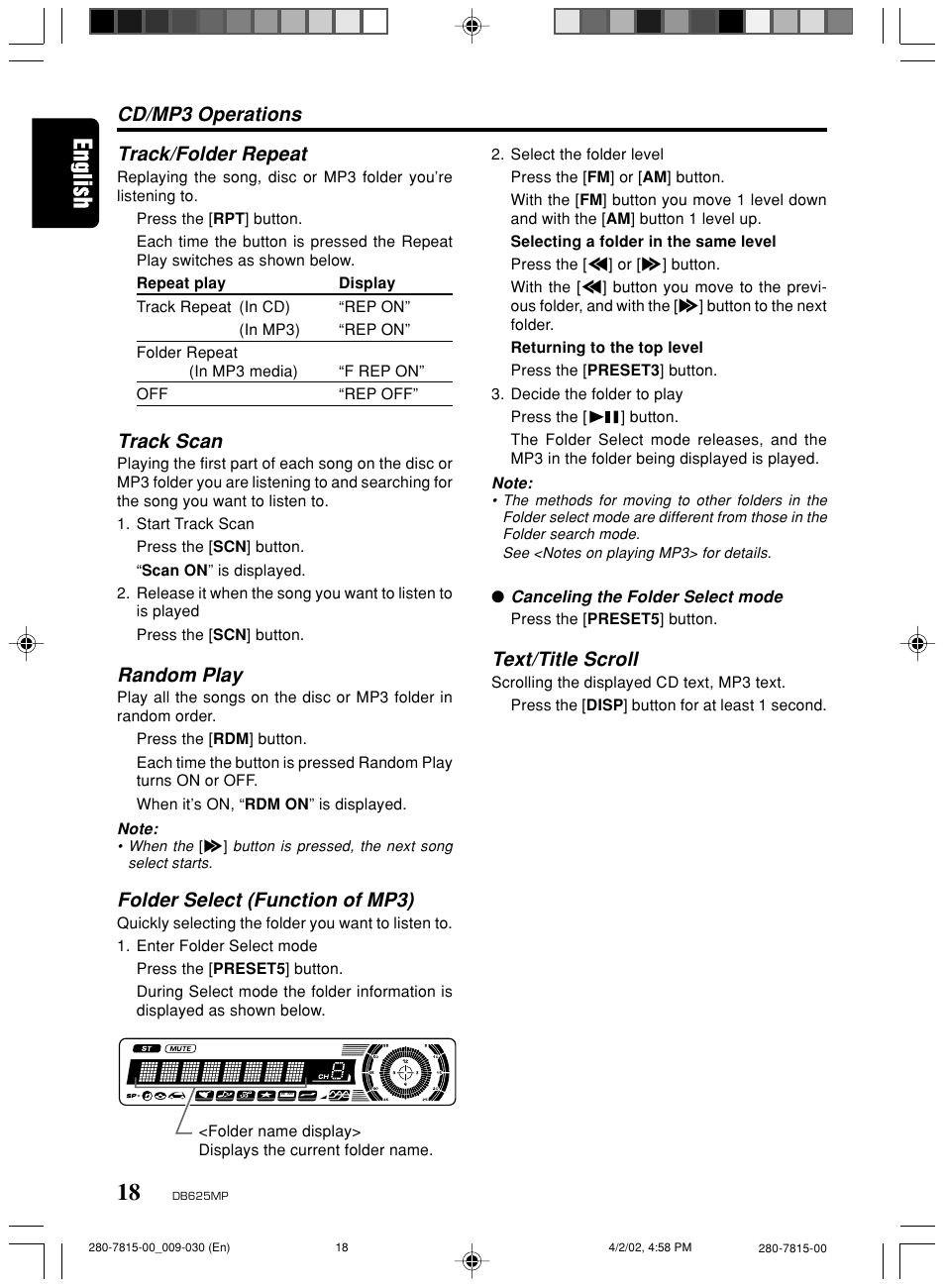 Cd/mp3 operations track/folder repeat, Track scan, Random play | Folder select (function of mp3), Text/title scroll | Clarion DB625MP User Manual | Page 14 / 80