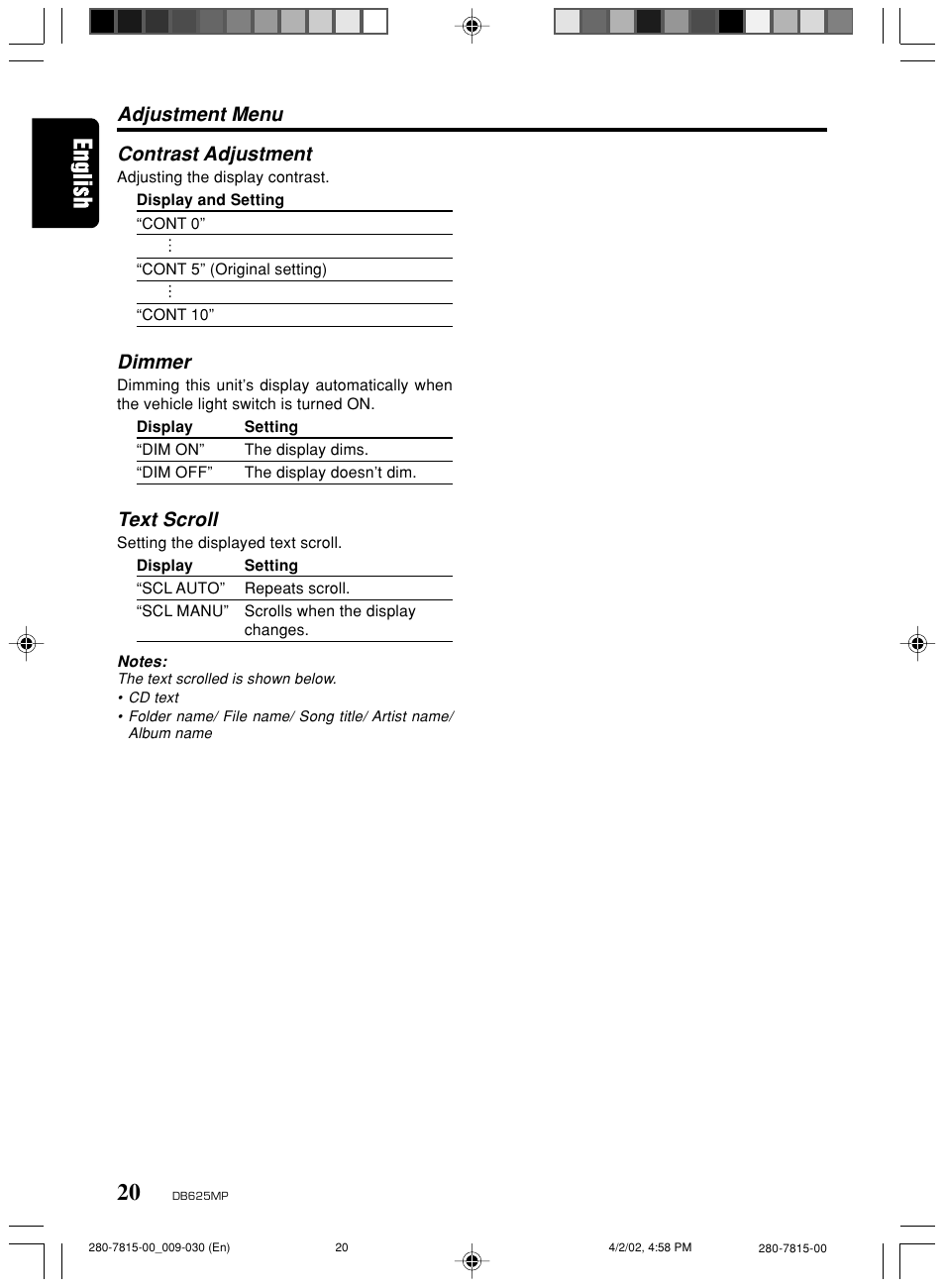 Contrast adjustment, Dimmer, Text scroll | Adjustment menu | Clarion DB625MP User Manual | Page 16 / 80