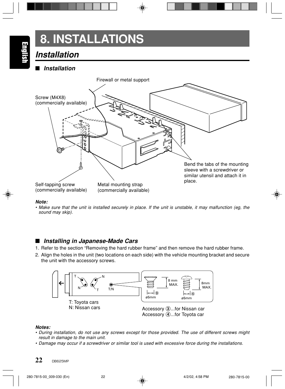 Installations, Installation, Installing in japanese-made cars | Clarion DB625MP User Manual | Page 18 / 80