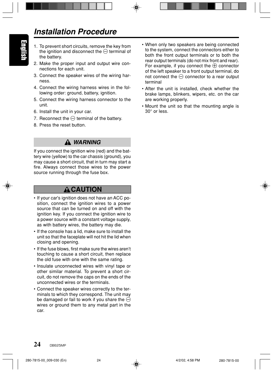 Installation procedure, Caution, Warning | Clarion DB625MP User Manual | Page 20 / 80