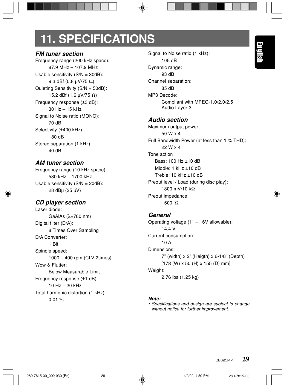 Specifications, General | Clarion DB625MP User Manual | Page 25 / 80