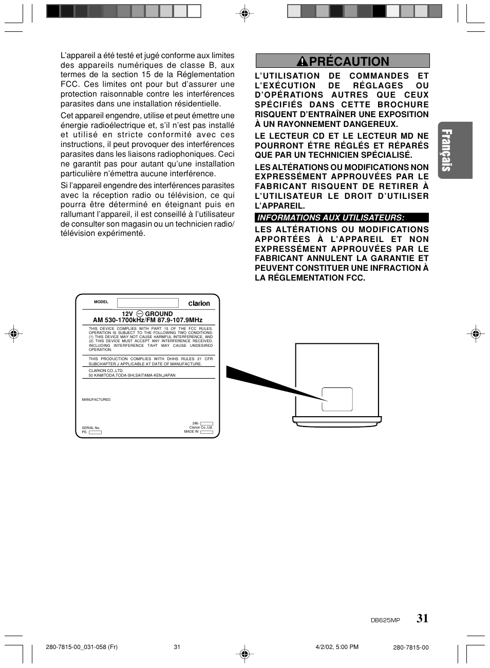 Db625mp_fra.pdf, Précaution, Informations aux utilisateurs | Clarion DB625MP User Manual | Page 27 / 80