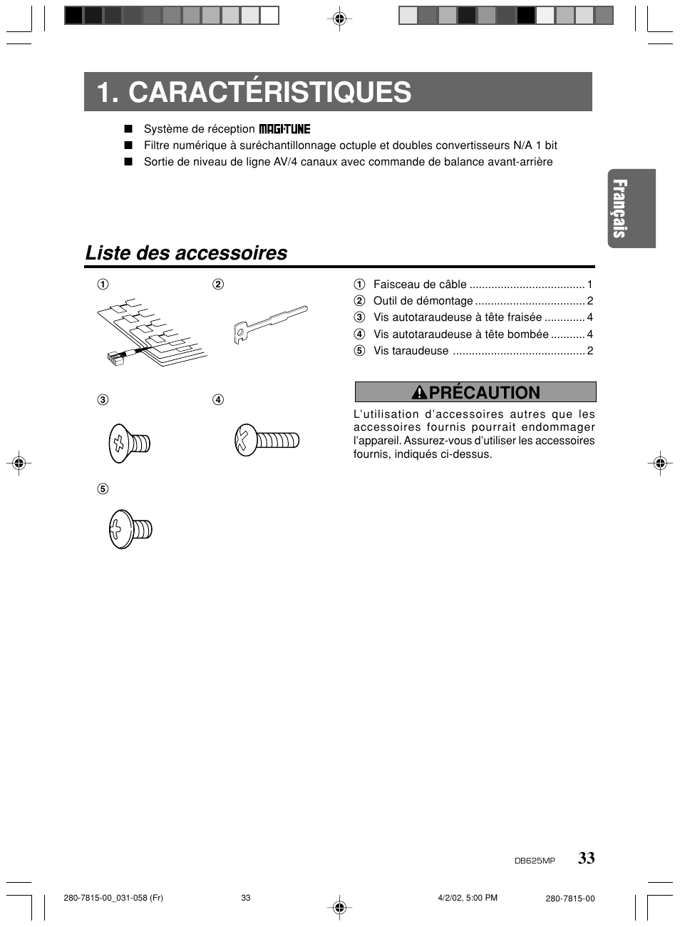 Caractéristiques, Liste des accessoires, Précaution | Clarion DB625MP User Manual | Page 29 / 80
