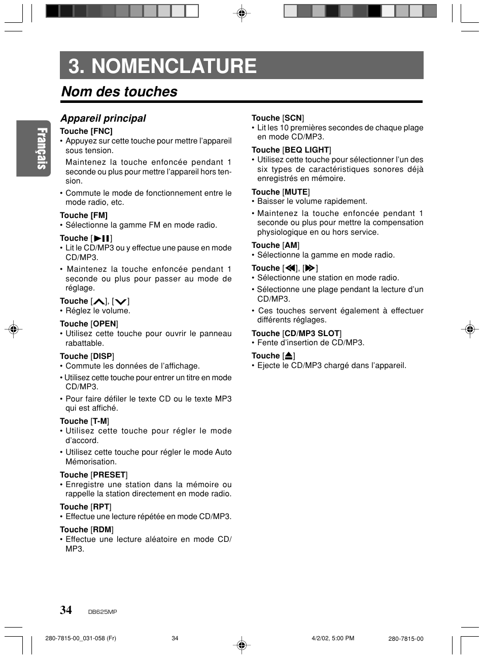 Nomenclature, Nom des touches, Appareil principal | Clarion DB625MP User Manual | Page 30 / 80