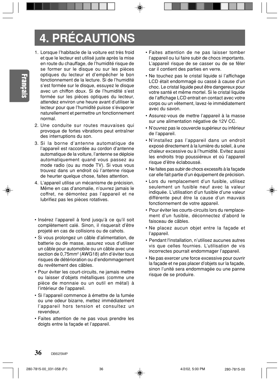 Précautions | Clarion DB625MP User Manual | Page 32 / 80