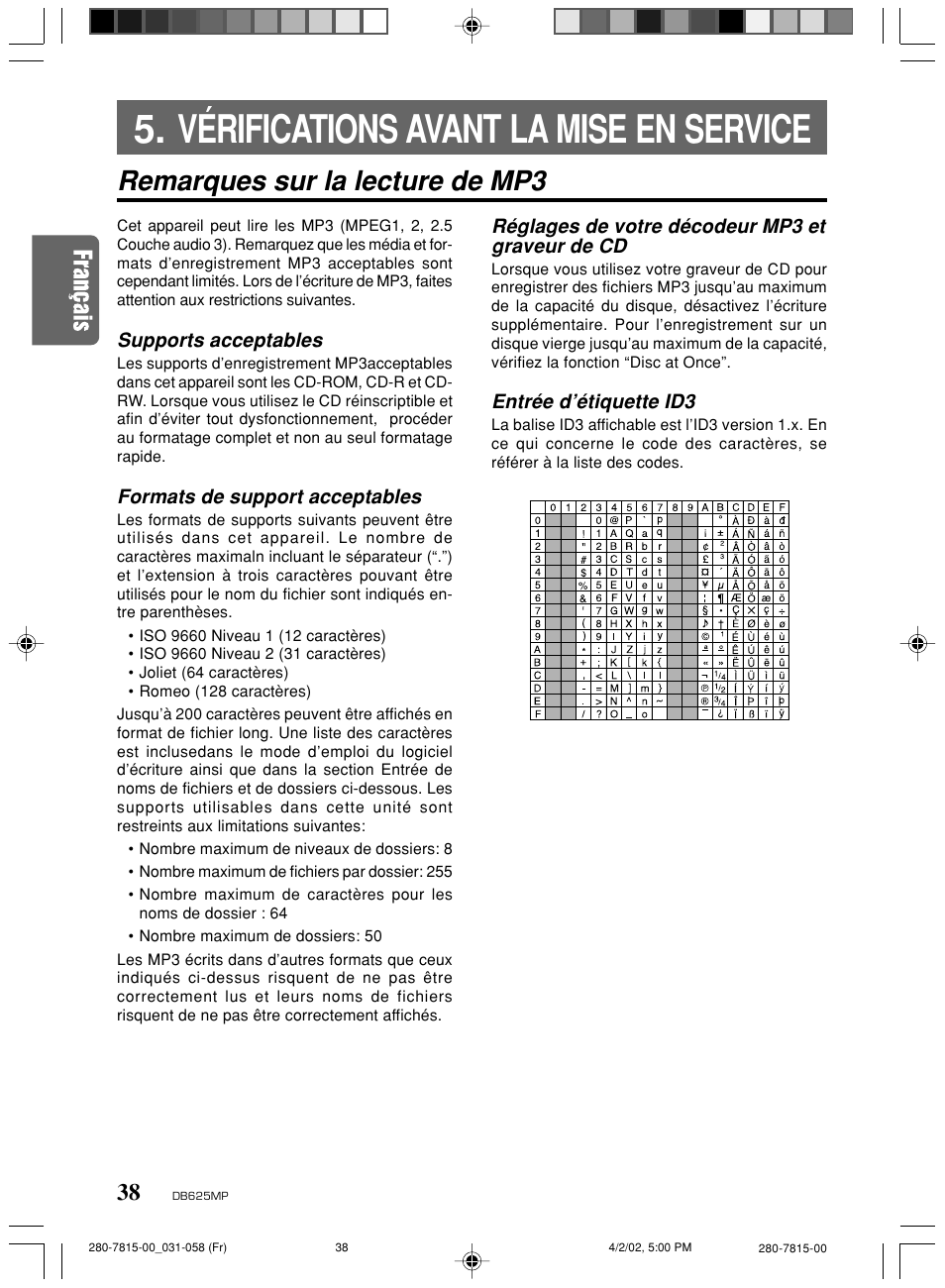 Vérifications avant la mise en service, Remarques sur la lecture de mp3 | Clarion DB625MP User Manual | Page 34 / 80