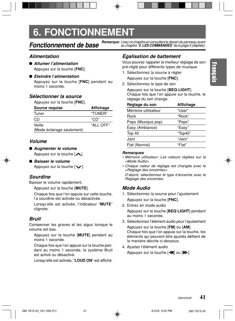 Fonctionnement, Fonctionnement de base, Alimentation | Sélectionner la source, Volume, Sourdine, Bruit, Égalisation de battement, Mode audio | Clarion DB625MP User Manual | Page 37 / 80