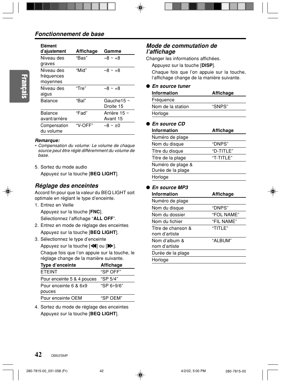 Réglage des enceintes | Clarion DB625MP User Manual | Page 38 / 80