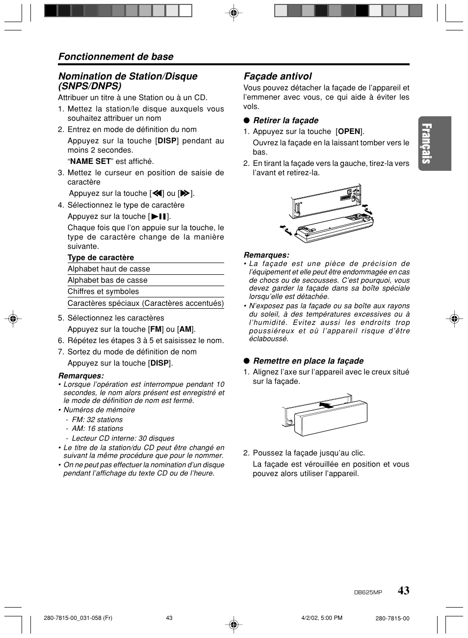 Fonctionnement de base façade antivol, Nomination de station/disque (snps/dnps) | Clarion DB625MP User Manual | Page 39 / 80