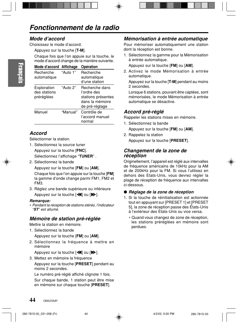 Fonctionnement de la radio, Mode d’accord, Accord | Mémoire de station pré-réglée, Mémorisation à entrée automatique, Accord pré-réglé, Changement de la zone de réception | Clarion DB625MP User Manual | Page 40 / 80